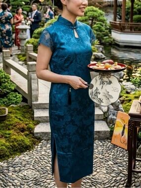 Teal Satin Mandarin Dress with Lace Sleeves (Qipoa)